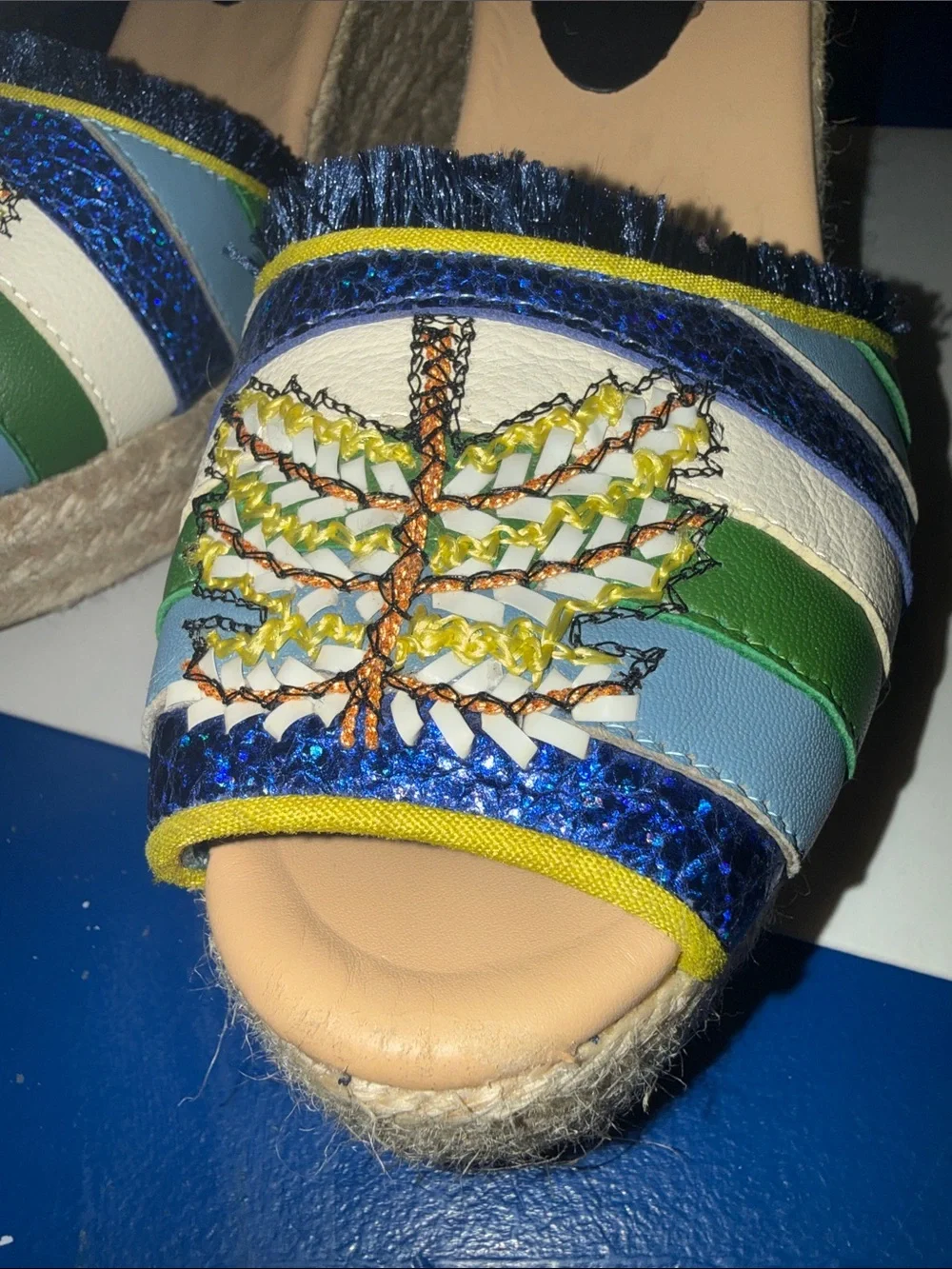 Meher Kakalia Wedge Sandals Espadrille Blue Green Embroidered Butterfly EU 39